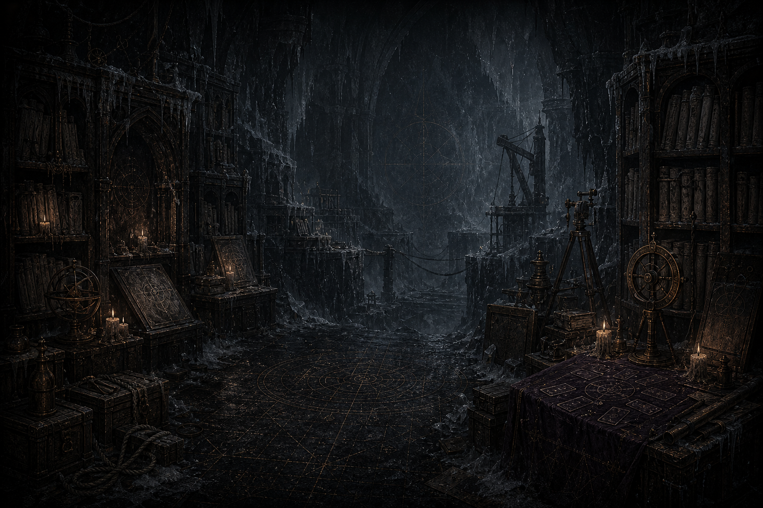 A gothic archive of books, records, and dim light