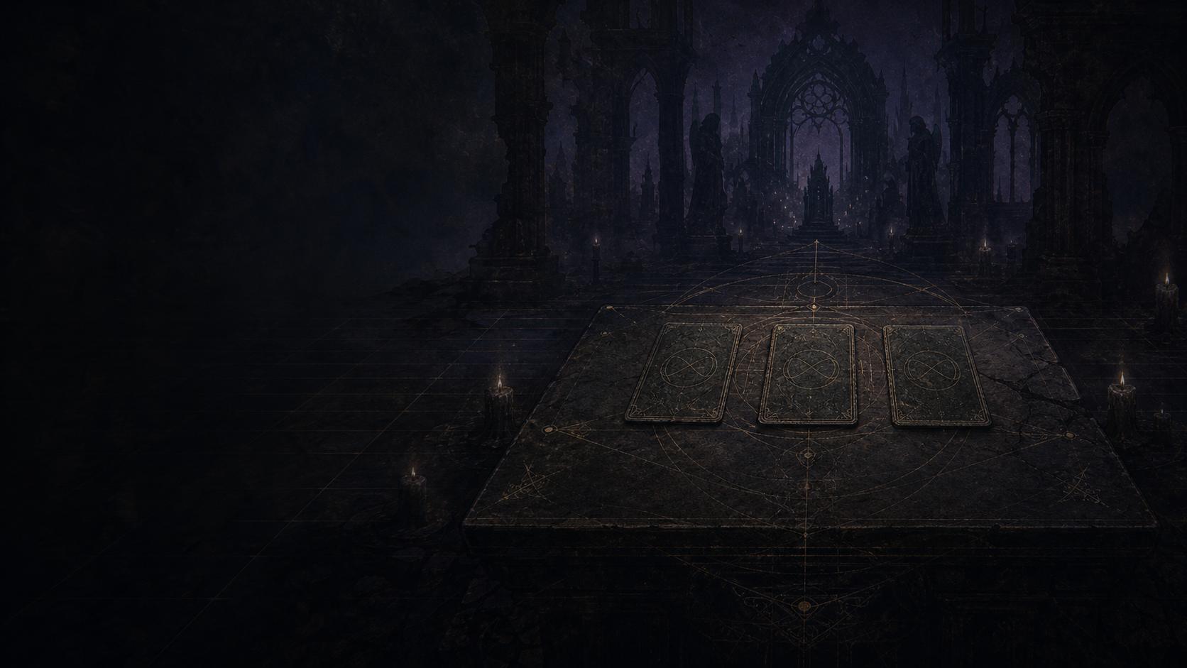 A ruined cathedral table with ritual cards and gold linework