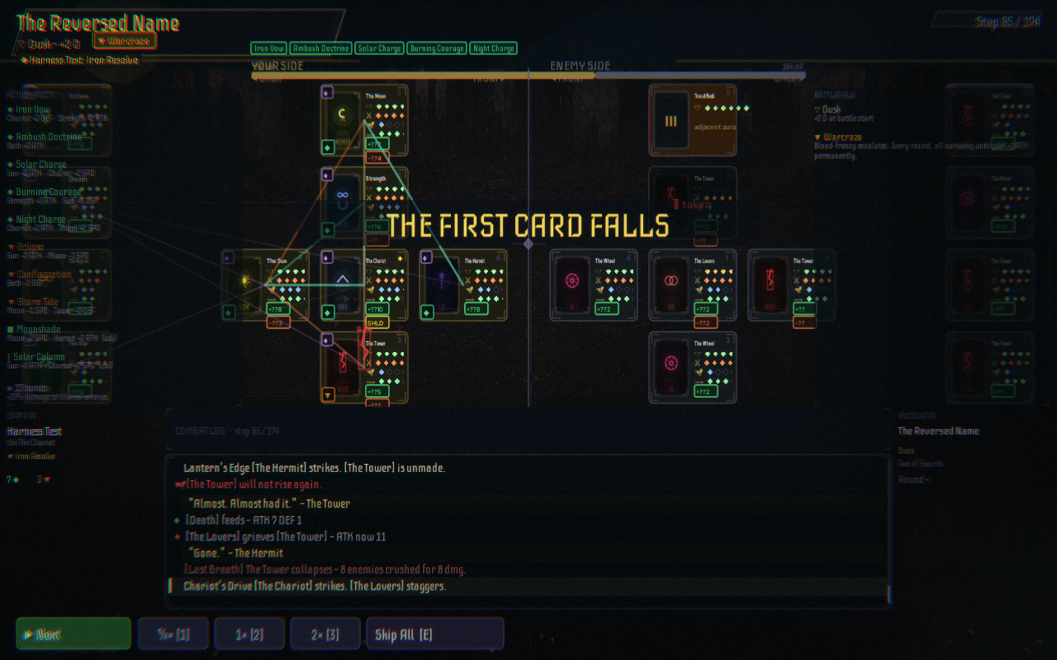 Combat replay with tarot units and ceremonial chrome