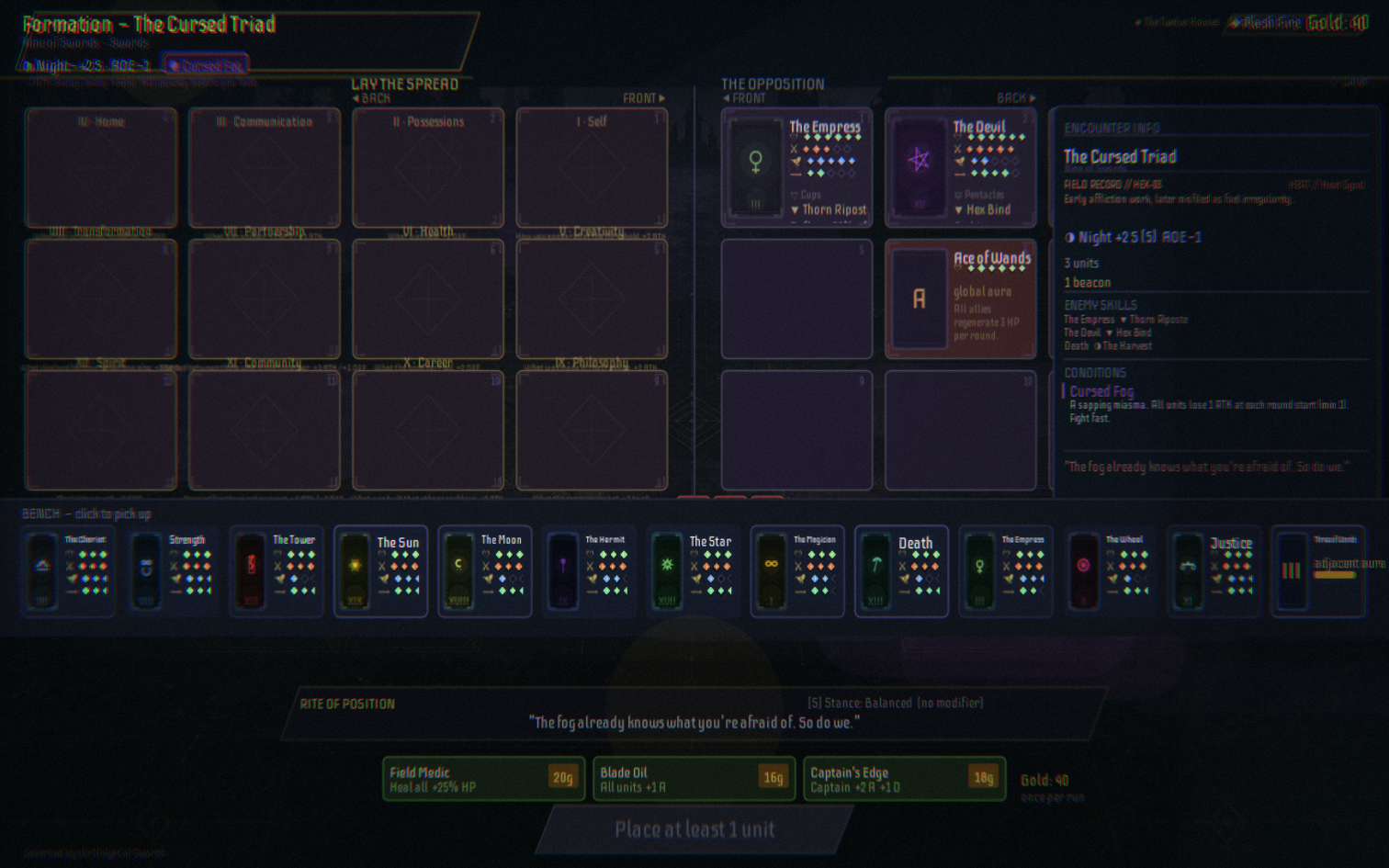 Formation screen with tarot spread slots and war chest panels