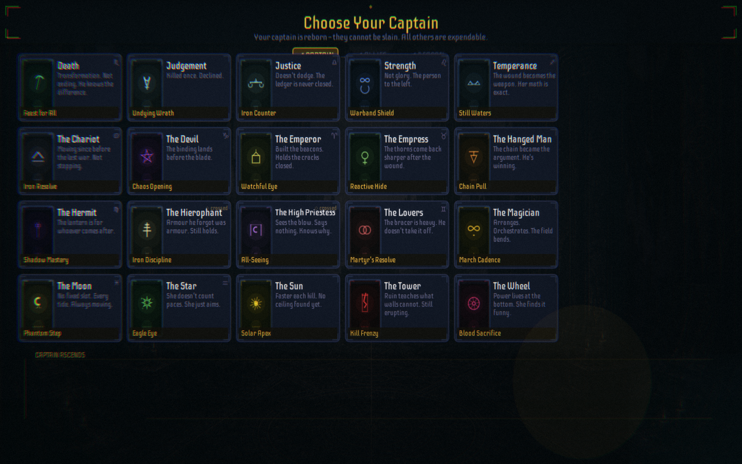 Captain selection grid with Major Arcana cards